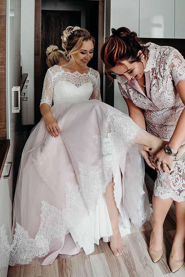 Pink Tulle Lace Backless Half Sleeves Lace Up Wedding Dresses, Bridal Gown, MW742 | a line wedding dresses | beach wedding dresses | wedding gown | Musebridals